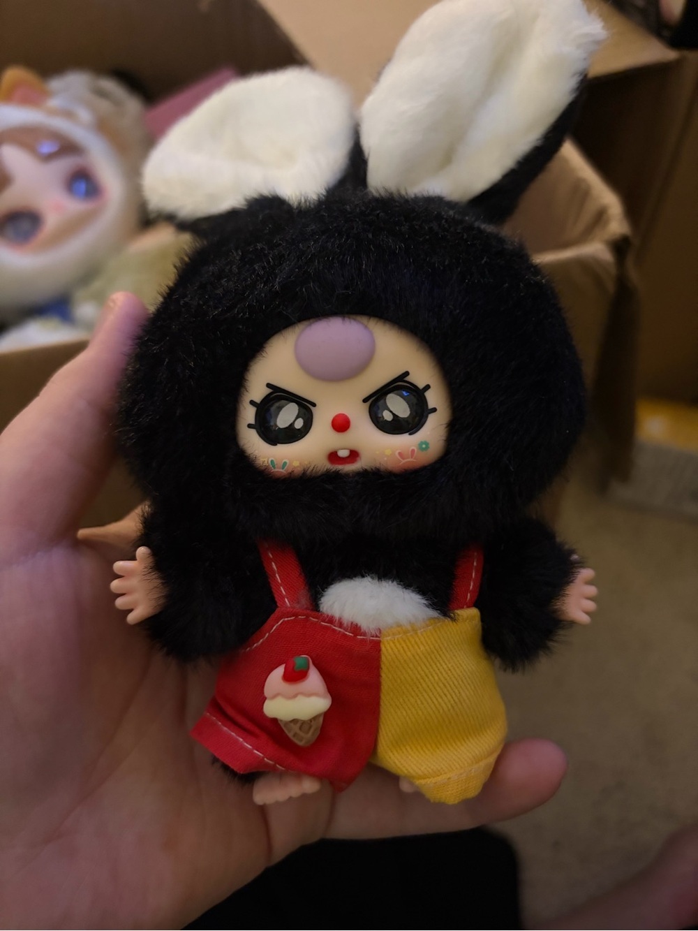 Cute Black Bunny Plush Doll with Red & Yellow Overalls